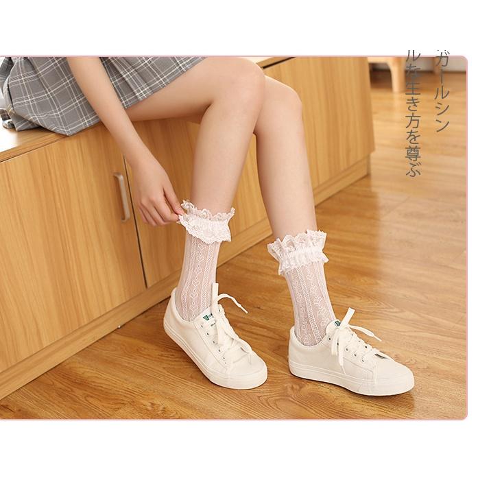 Vớ lolita Nhật Bản Lolita vớ ren nữ sọc tim Hàn Quốc VT02