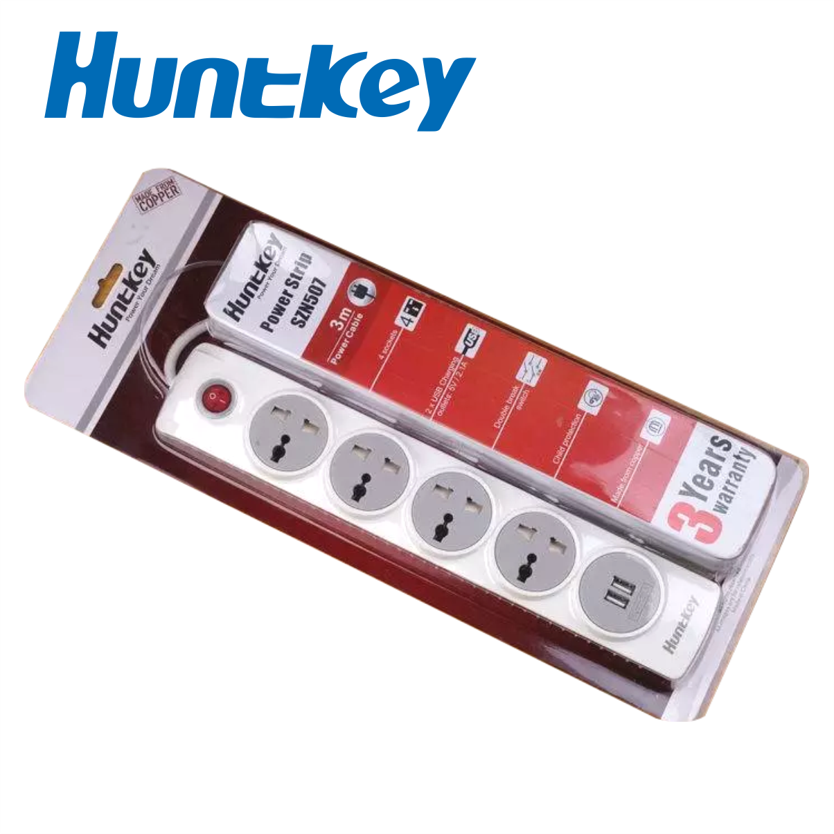 Ổ Cắm Điện Đa Năng Huntkey PZC507 5 Cổng Chống Sét, Công Suất Đến 2500W - Hàng Chính Hãng