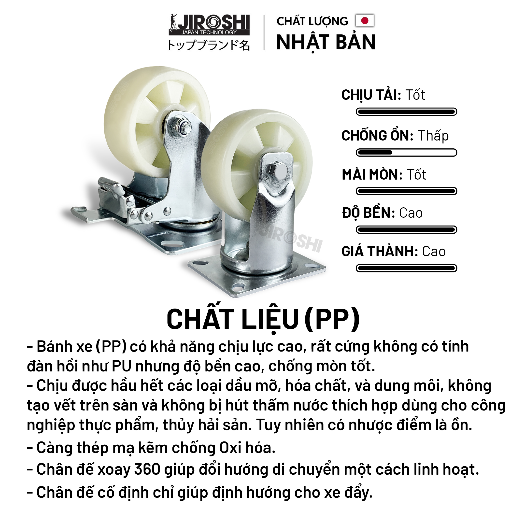 Bánh xe đẩy hàng Nhựa PP có bạc đạn và khóa JIROSHI , Bánh xe tải trọng lớn, độ bền cao công nghệ nhật bản