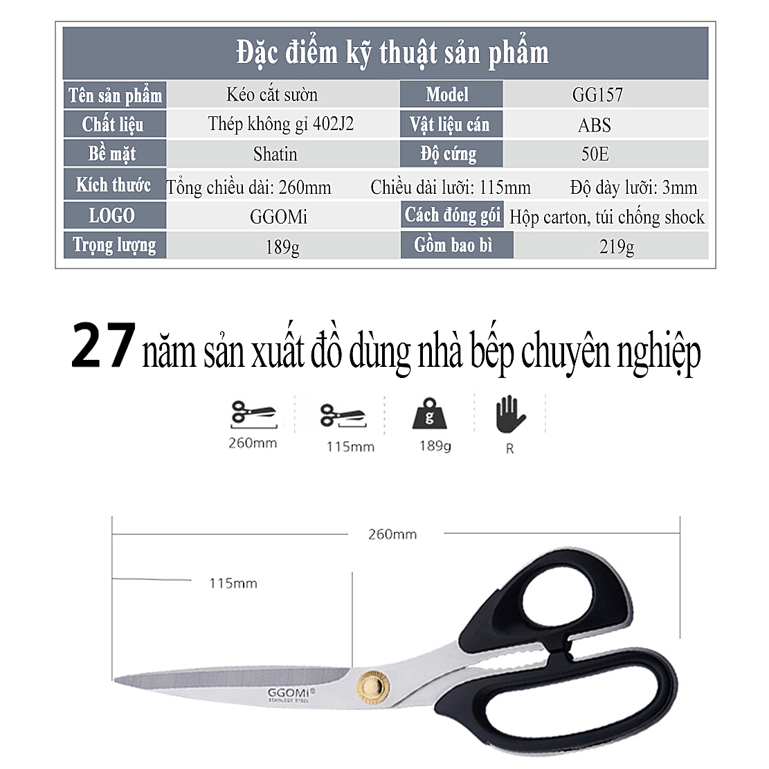 Kéo cắt sườn dài 26cm, lưỡi kéo dài 11.5cm bằng thép không gỉ an toàn sức khỏe của GGOMi Hàn Quốc GG157