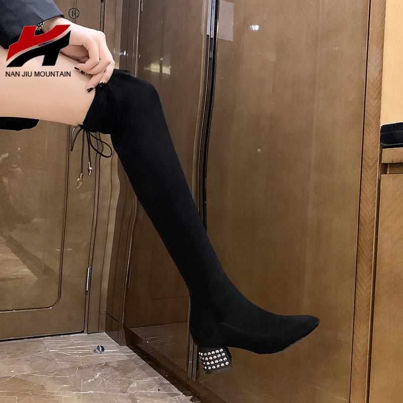 2021 Trên Đầu Gối Giày Giày Bốt Nữ Dày Gót Mũi Nhọn Màu Đen Co Giãn Stovepipe Giày Gợi Cảm Ren Gót Mùa Thu Và Mùa Đông