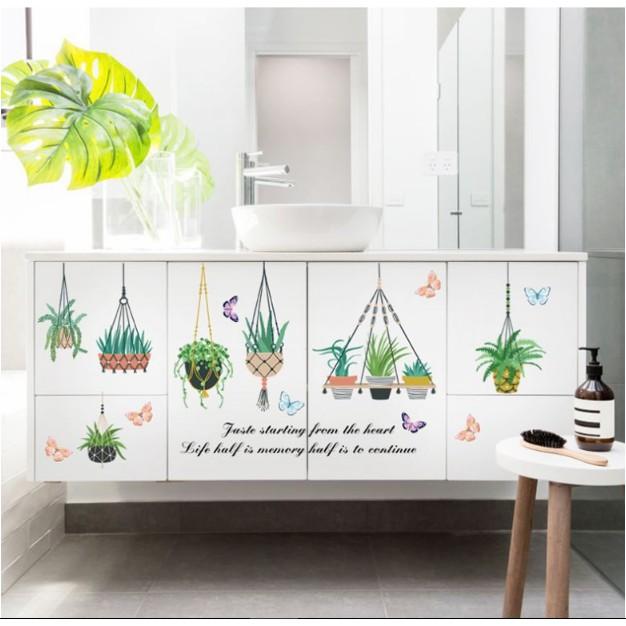 Decal trang trí tường - Nhiều Dây Treo Chậu Kiểng lá cỏ độc đáo