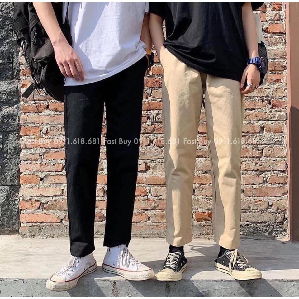 Quần dài kaki nam nữ ống suông basic - Kiểu quần baggy đen trơn ống rộng unisex