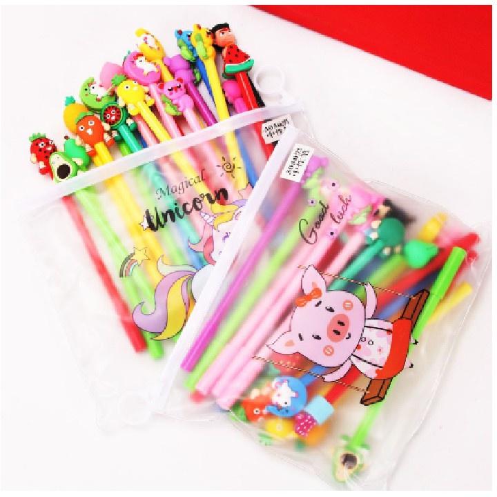 Set 20 bút / ruột bút cute xinh ngòi kim. mix 20 kiểu bút hoạt hình 3D dễ thương (mua bút tặng kèm túi zip đựng bút)