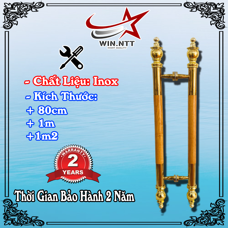 Tay Nắm Cửa Kính Cường Lực, Cửa Nhôm - Tay Vàng Đầu Đèn Thân Gỗ.