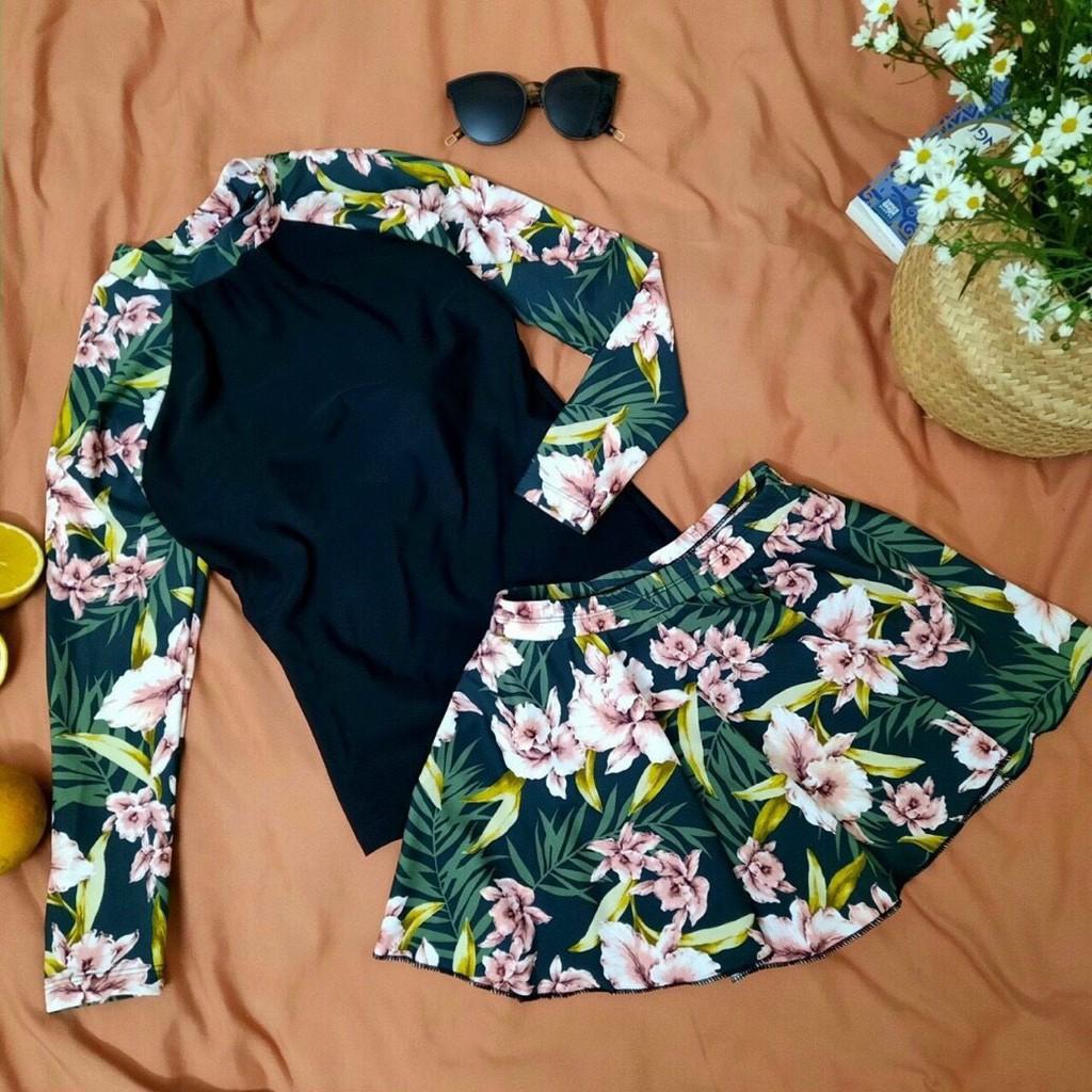 Đồ bơi bikini 2 mảnh tay dài chân váy xòe có quần lót trong đi bơi đi biển du lịch QP009