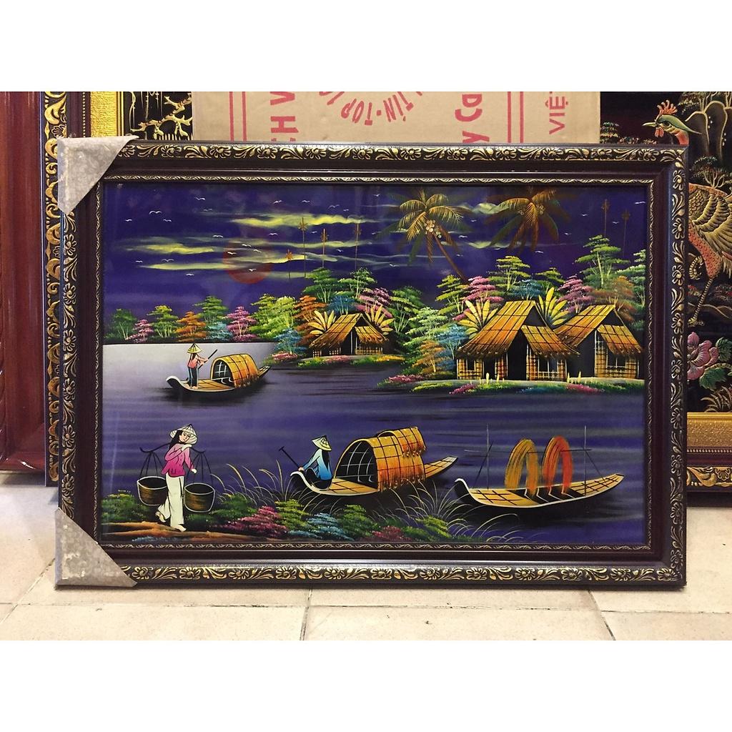 Tranh sơn mài cao cấp Đồng Quê Thanh Bình Lê kèm khung size 48x68 cm treo tường, trang trí nhà cửa, văn phòng, quà tặng