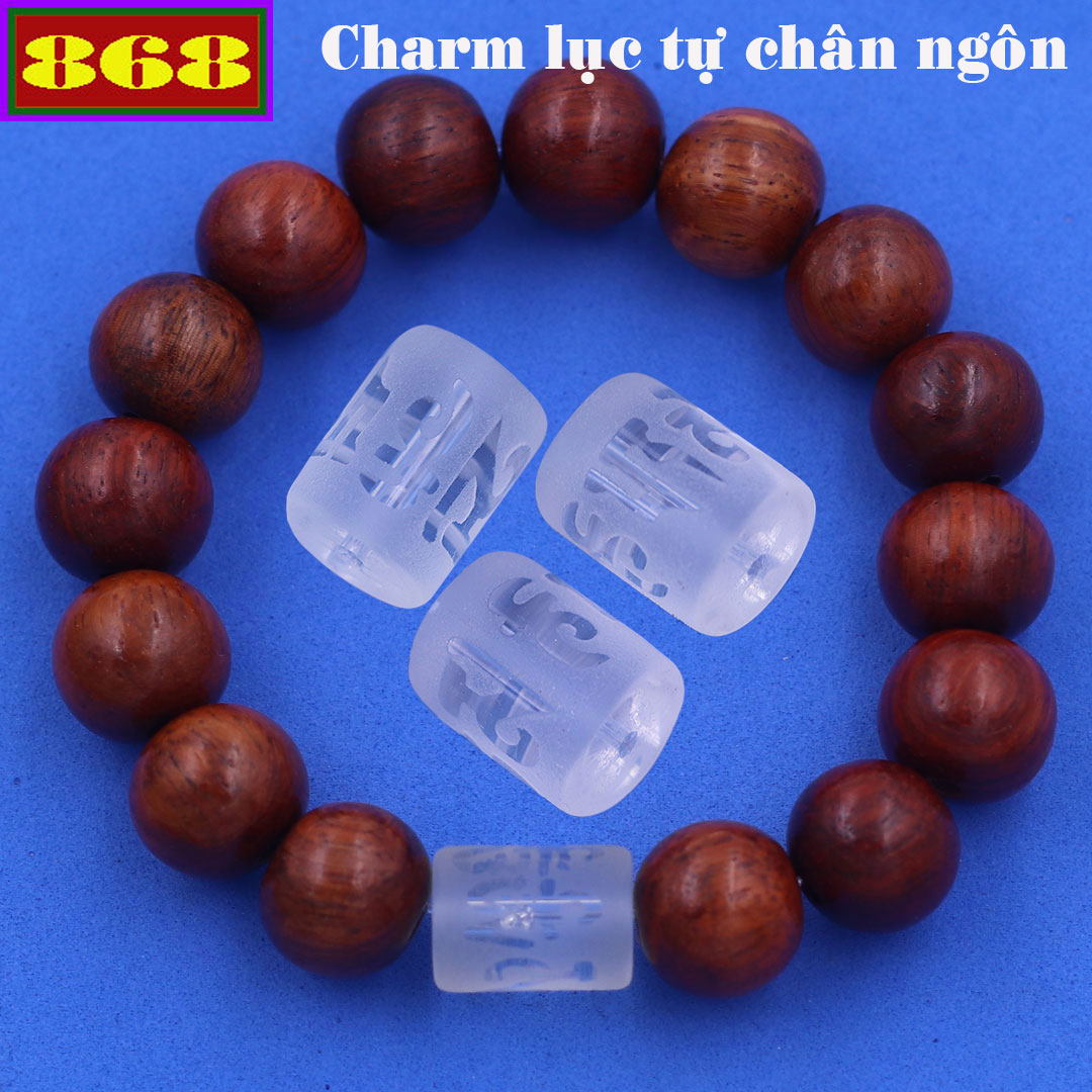 Vòng chuỗi đeo tay gỗ (đỏ) charm lục tự Đại minh chân ngôn, 10 ly, Om Mani Padme Hūm, Chân ngôn Lục tự