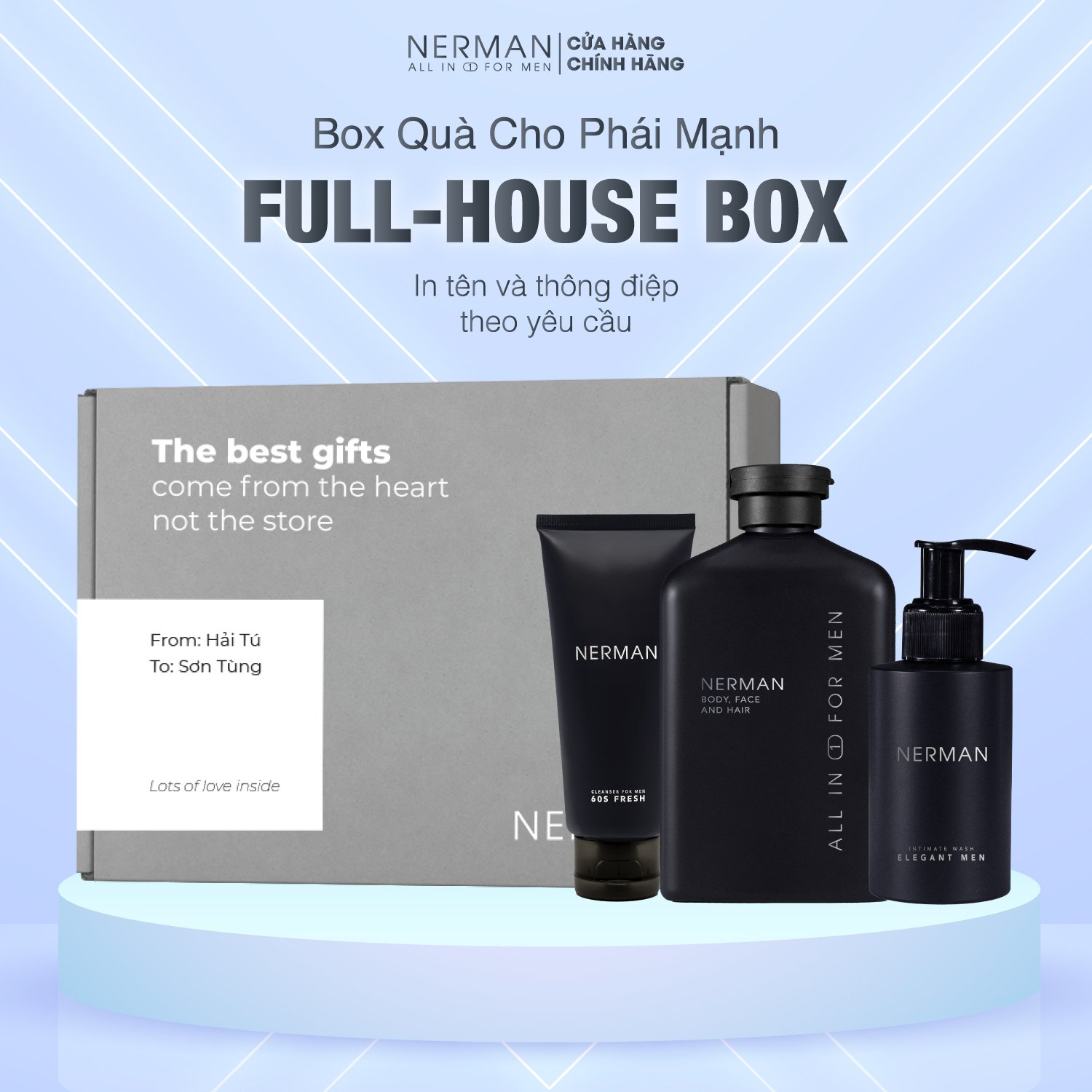 Bộ quà tặng cho nam FULL-HOUSE BOX-Sữa tắm gội hương nước hoa 3in1 350ml &amp; Dung dịch vệ sinh nam giới 50g &amp; Gel rửa mặt Nano Curcumin 100ml