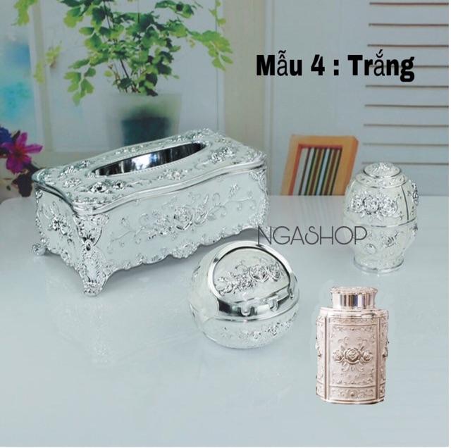 COMBO ( HỘP ĐỰNG GIẤY ĂN+GẠT TÀN THUỐC LÁ + HŨ ĐỰNG TRÀ + LỌ TĂM ) MẠ MÀU VÀNG CAO CẤP ĐỂ BÀN