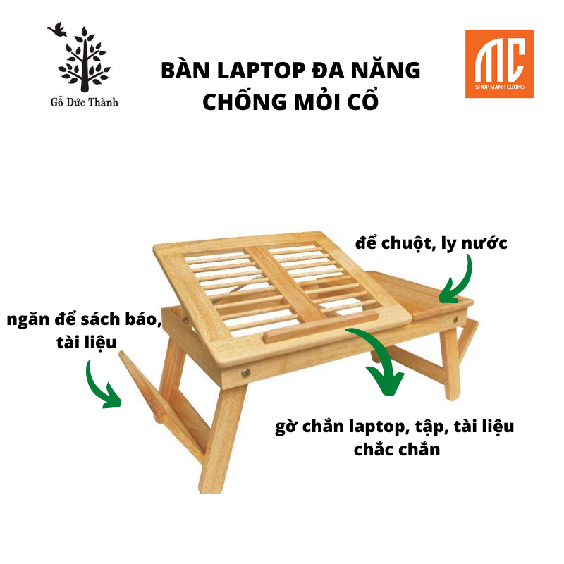 22311 | Bàn laptop đa năng gấp gọn chống mỏi cổ, điều chỉnh độ nghiêng laptop, gỗ tự nhiên nhẵn mịn, có lỗ thoát nhiệt, 2 ngăn để tài liệu