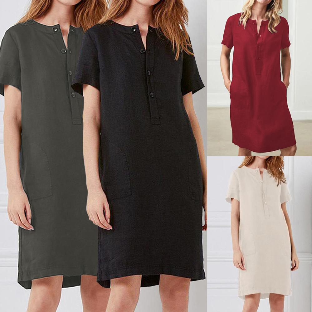 Women Linen Cotton Dress Straight Midi Dress with Button Pockets Short Sleeve Solid Plus-Size Spring Summer Casual