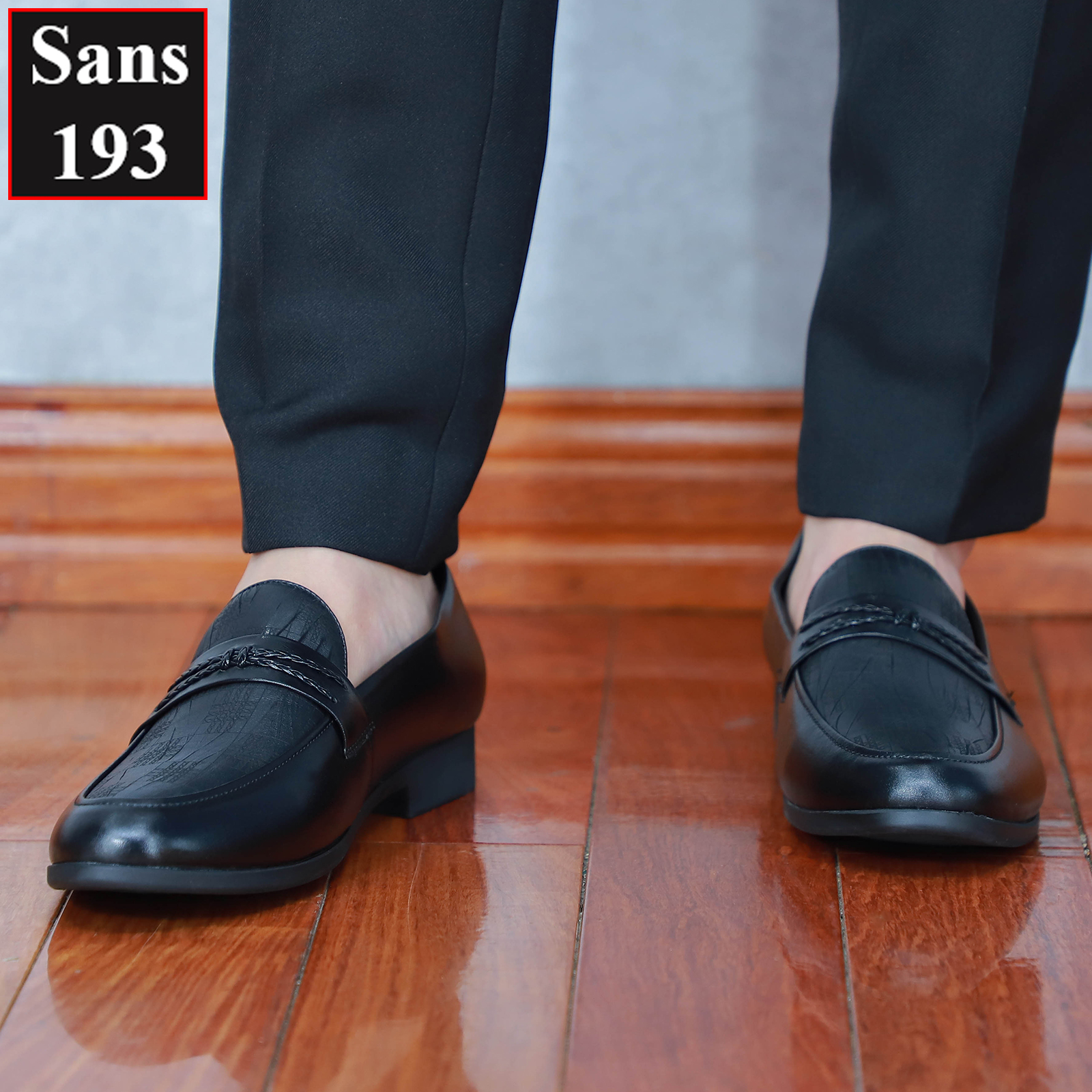 Giày lười nam da bò thật Sans193 penny loafer hoạ tiết đẹp cao cấp giầy mọi moca công sở đen thời trang hàn quốc