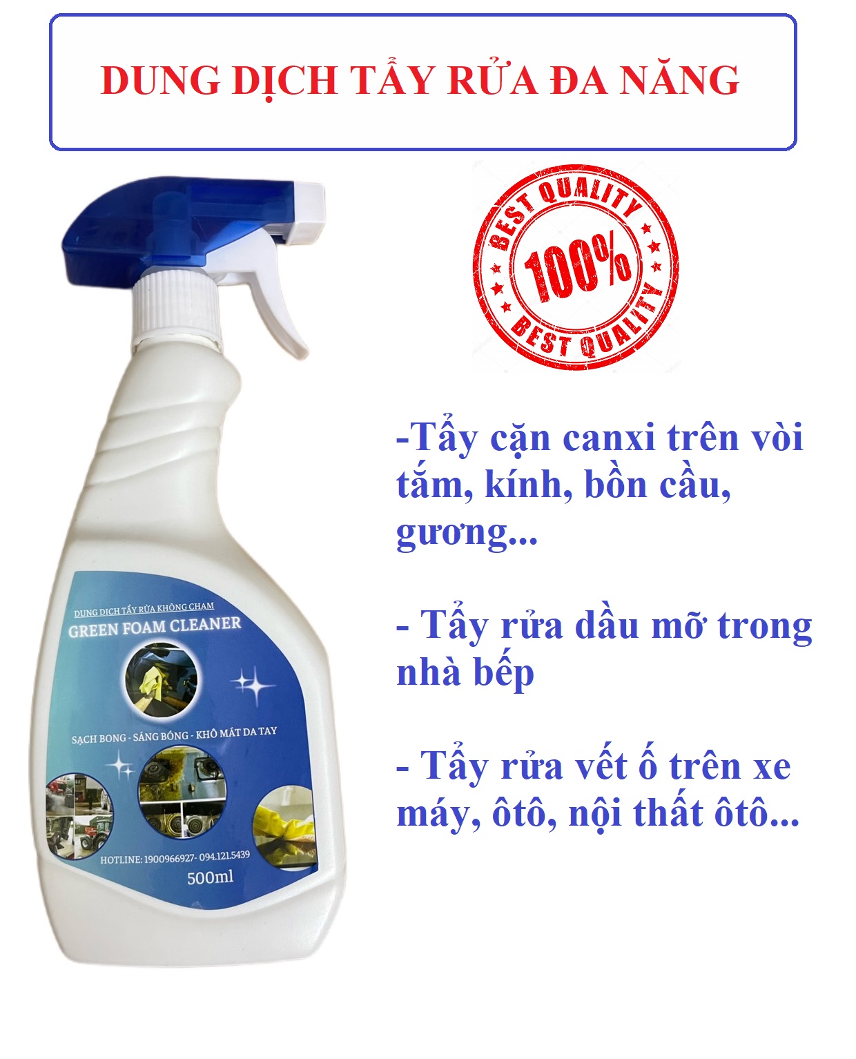 Tẩy rửa đa năng GREEN FOAM chai 500ml tẩy : dầu mỡ, cặn canxi, rỉ xét, ...