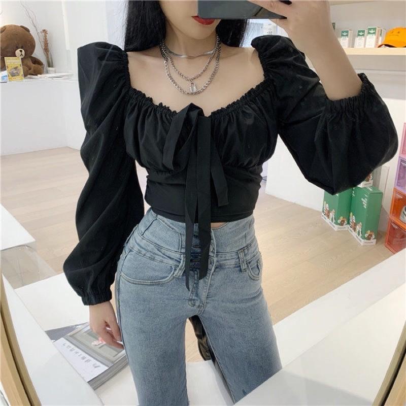 Áo sơmi thắt nơ ngực croptop bèo nhún sexy 2021