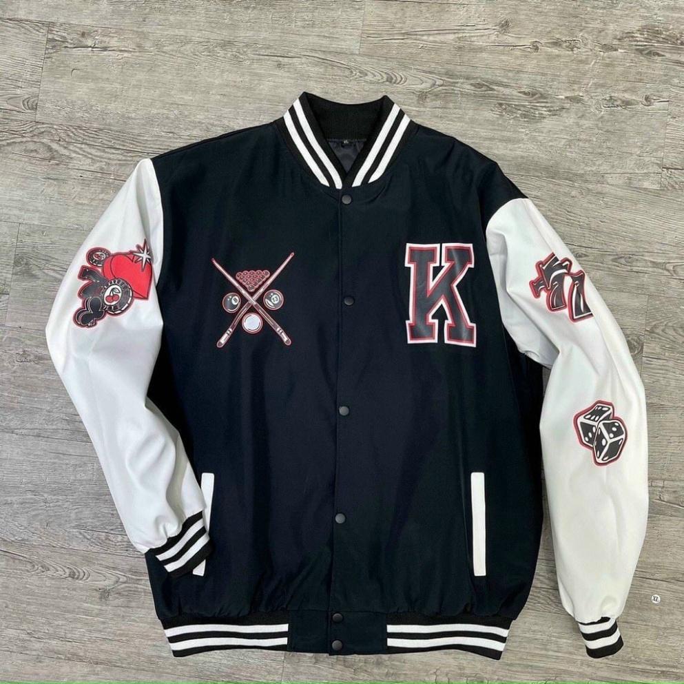 Áo khoác nam nữ bomber dù form rộng cao cấp, áo khoác nỉ nhung tăm chữ K họa tiết tweed đẹp phối gió màu đen hot K078