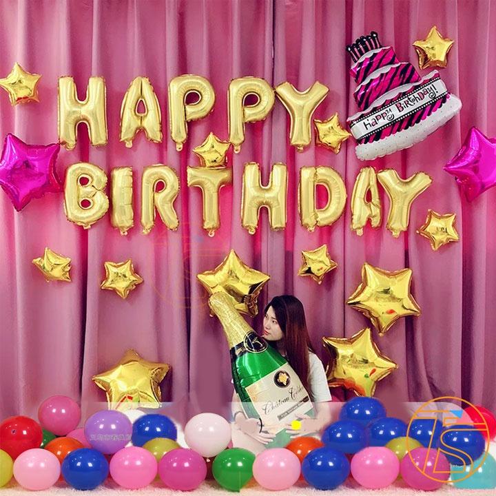 Bộ Bong Bóng Sinh Nhật Kèm Chai Sâm Banh KG-6602 - Set Trang Trí Happy Birthday Kèm Ống Bơm Tay