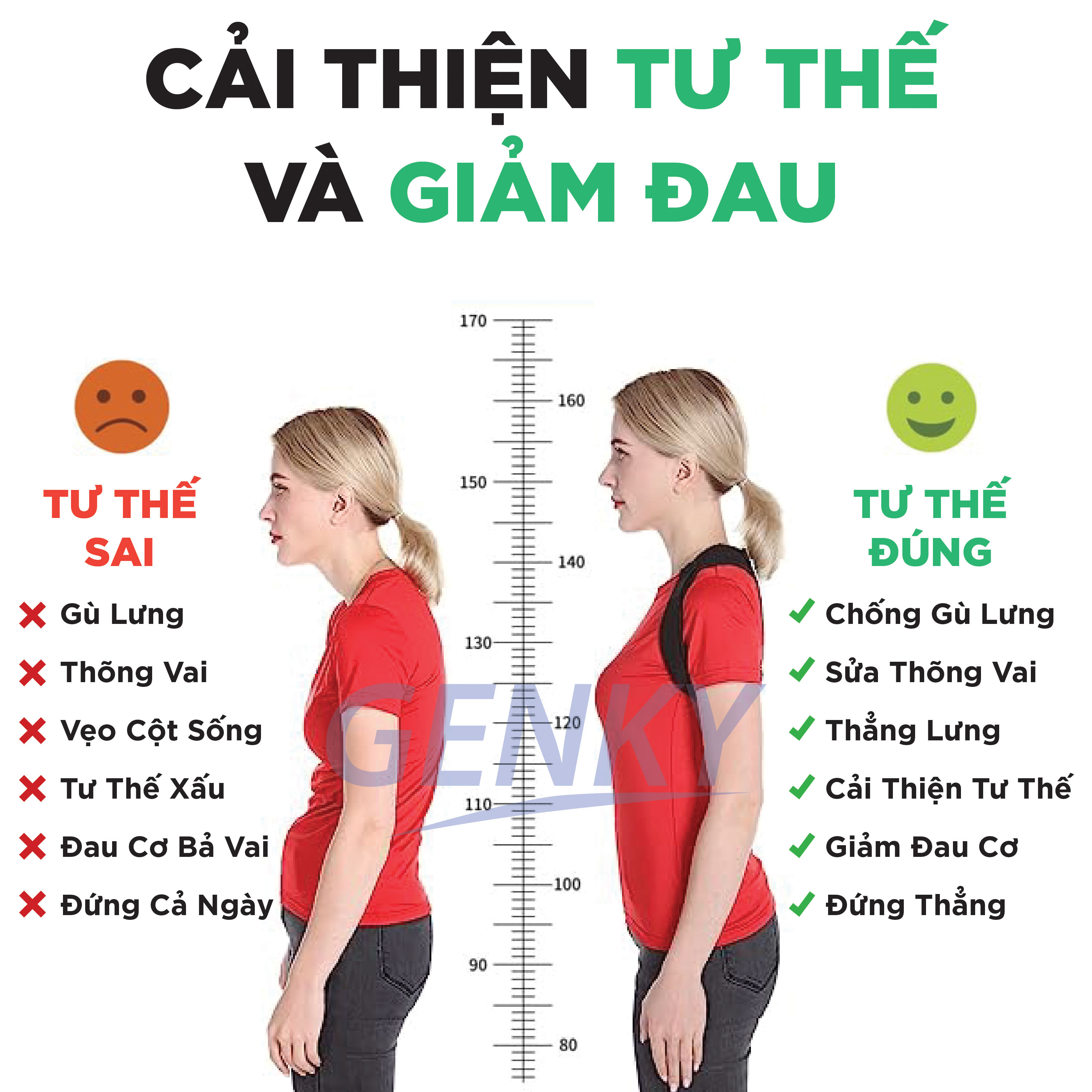 Đai Chống Gù Lưng GENKY Cho Nam Nữ Trẻ Em, Định Hình Cột Sống, Giảm Đau Lưng, Hỗ Trợ Cổ Và Vai, Chống Cong Vẹo Cột Sống - Hàng Chính Hãng