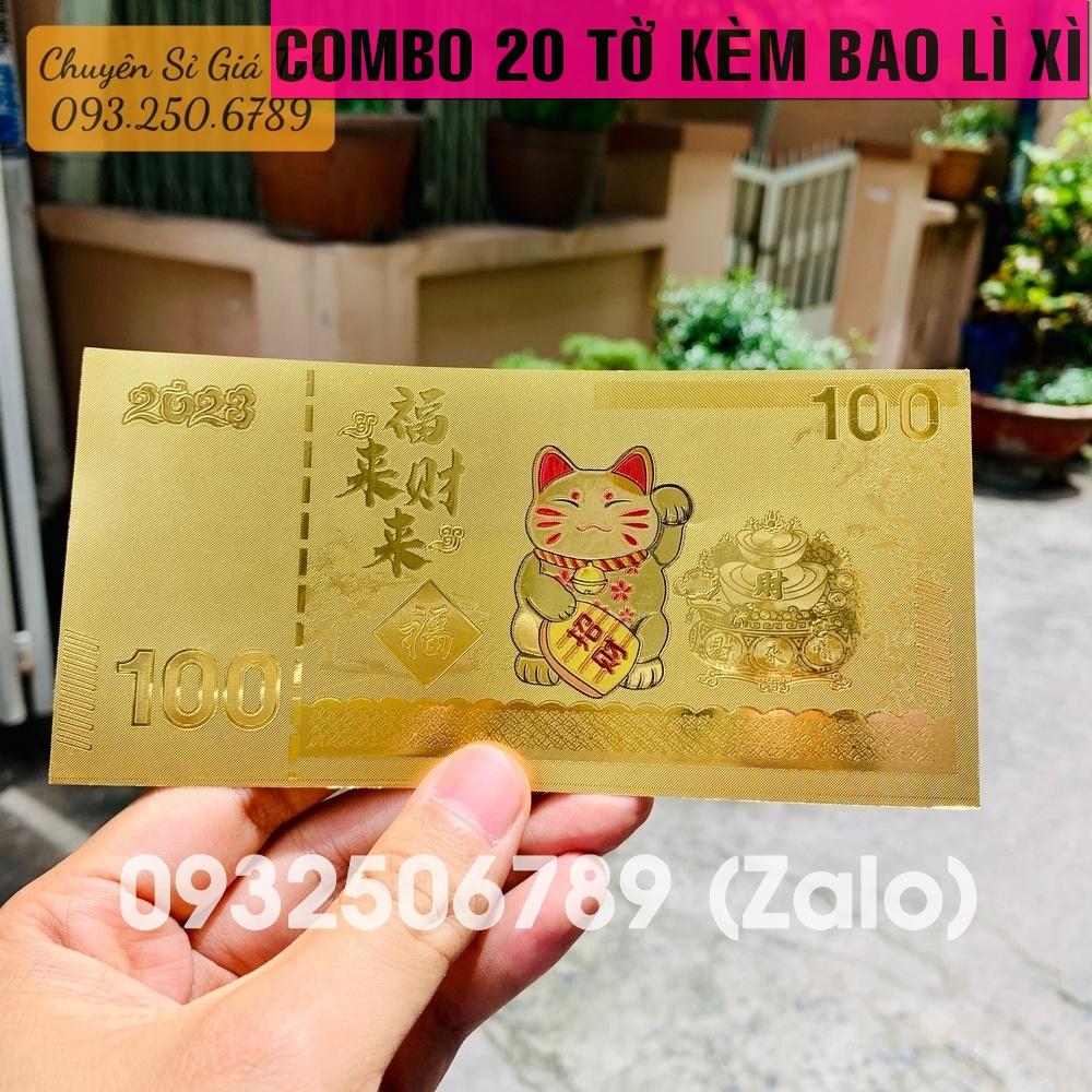 COMBO 50 Tiền + kèm bao lì xì, Tờ tiền in hình Con Mèo Macao 100 Vàng Plastic 2023 Quý Mão - Mẫu 1
