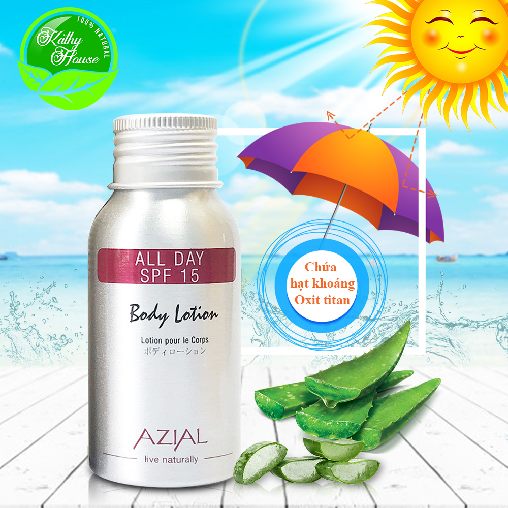 Sữa dưỡng thể chống nắng AZIAL All Day Body Lotion SPF15, 100% thiên nhiên, giải độc tố, chai 50ml