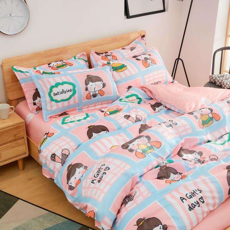 Bộ chăn ga Cotton Poly M2T bedding chăn ga Hàn Quốc họa tiết cô bé ăn kem đủ size miễn phí bo chun