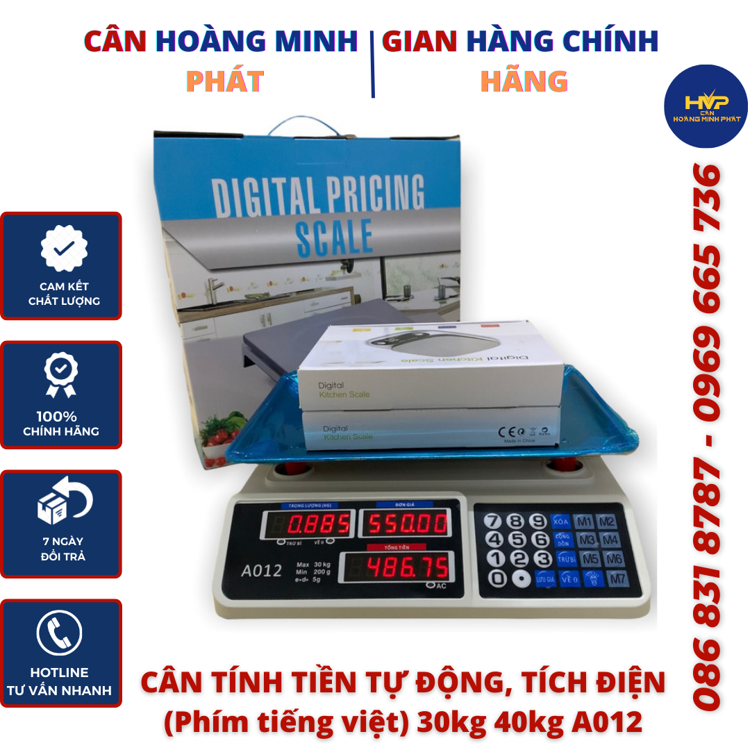 Cân Điện Tử Tính Tiền - Cân Điện Tử Bán Hàng Tiếng Việt 30kg/5g - 40kg/5g A012 Giá Rẻ (Cân điện tử tính tiền tự động - tích điện) - Bảo Hành 2 Năm [ CÂN-HOÀNG-MINH-PHÁT ]