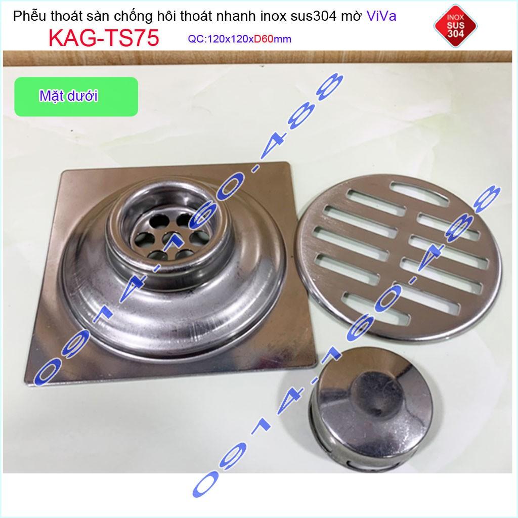 Phễu thoát sàn Viva KAG-TS75 12x12cm D60, phễu thoát sàn SUS304 đúc liền khối sales 40%, hố ga chống hôi inox 304 dày 1.