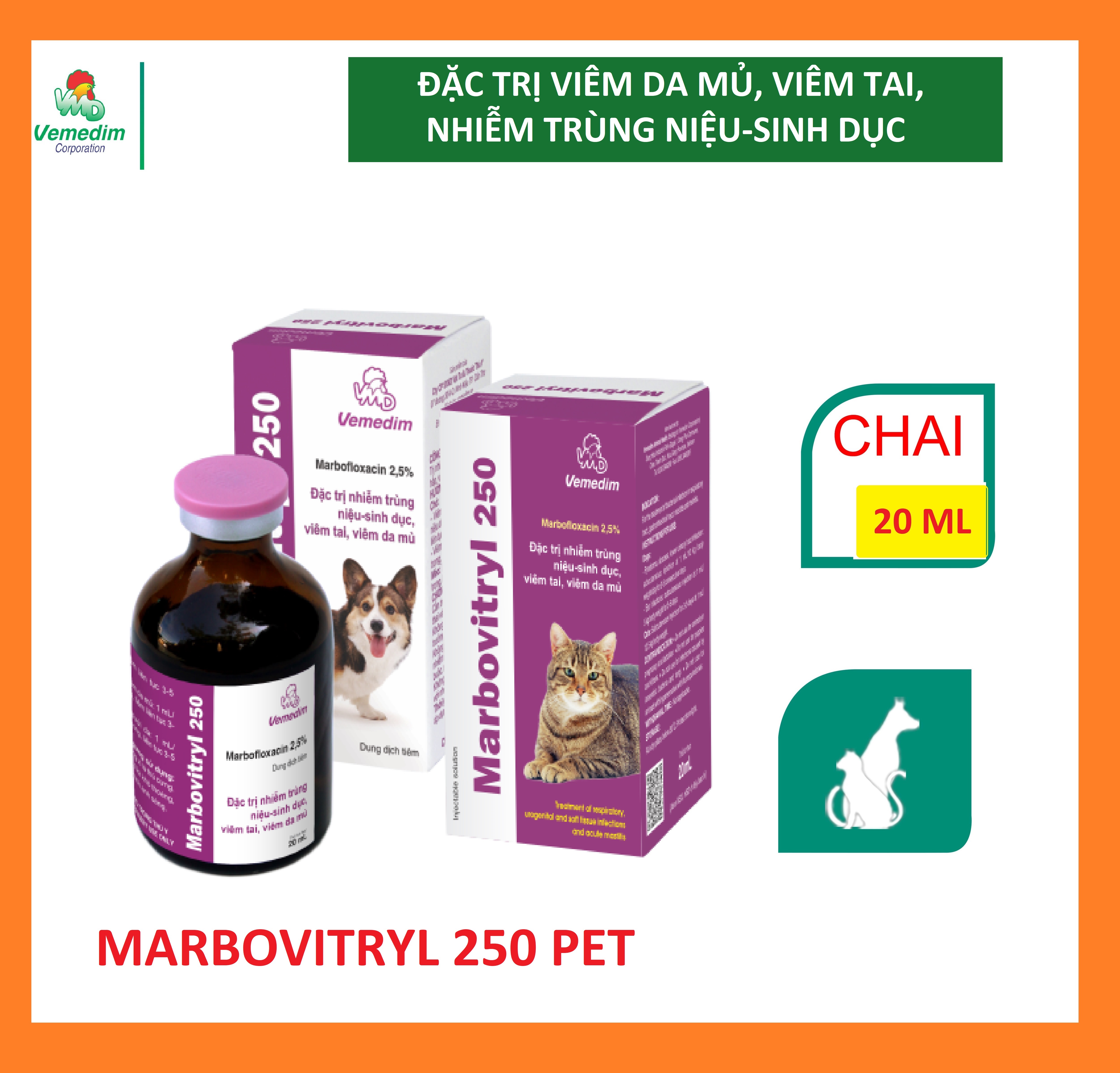 Vemedim Marbovitryl 250 pet dùng cho chó, mèo hô hấp, tiêu hóa, viêm da mủ, chai tiêm 20ml