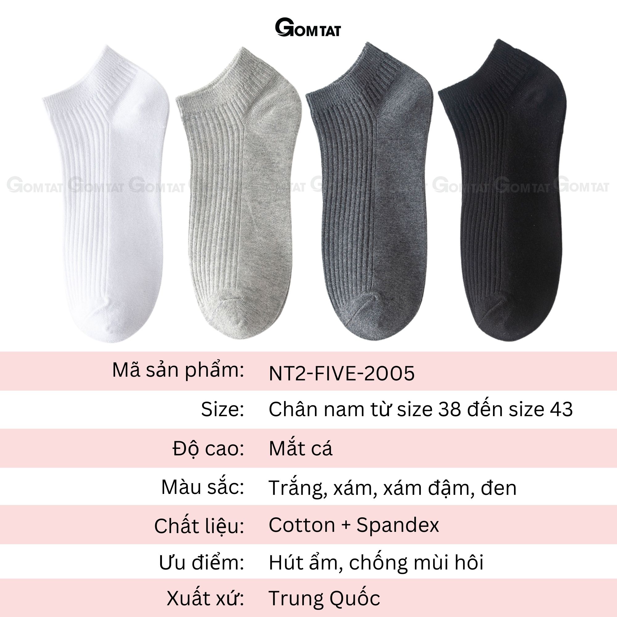 Tất nam cổ ngắn trơn màu cao cấp GOMTAT chất liệu cotton mềm mại, thoáng mát - NT2-FIVE-2005-1DOI