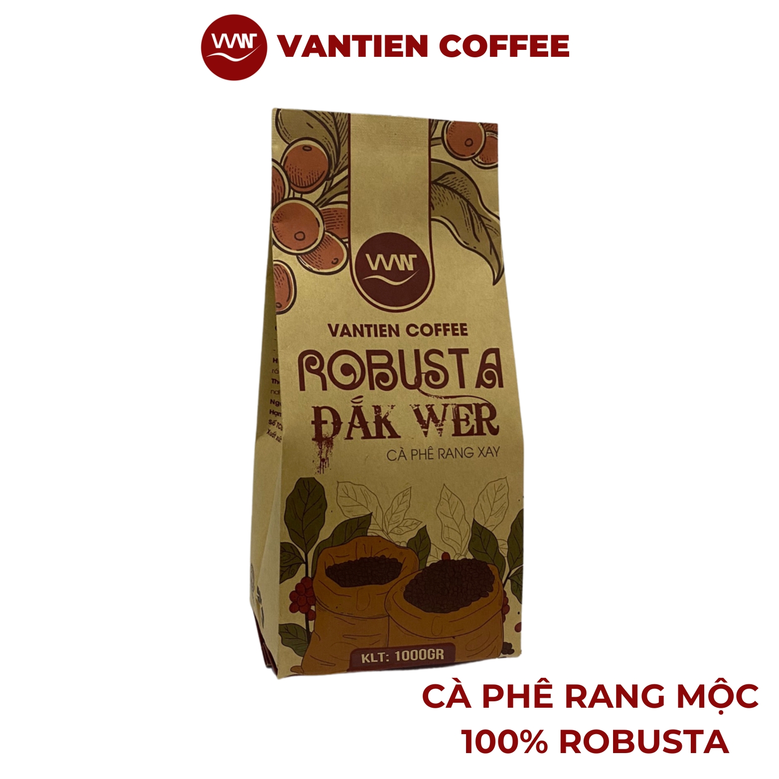Thùng 8 túi Cà phê rang xay Robusta Đắk Wer Vantien Coffee 1kg/túi