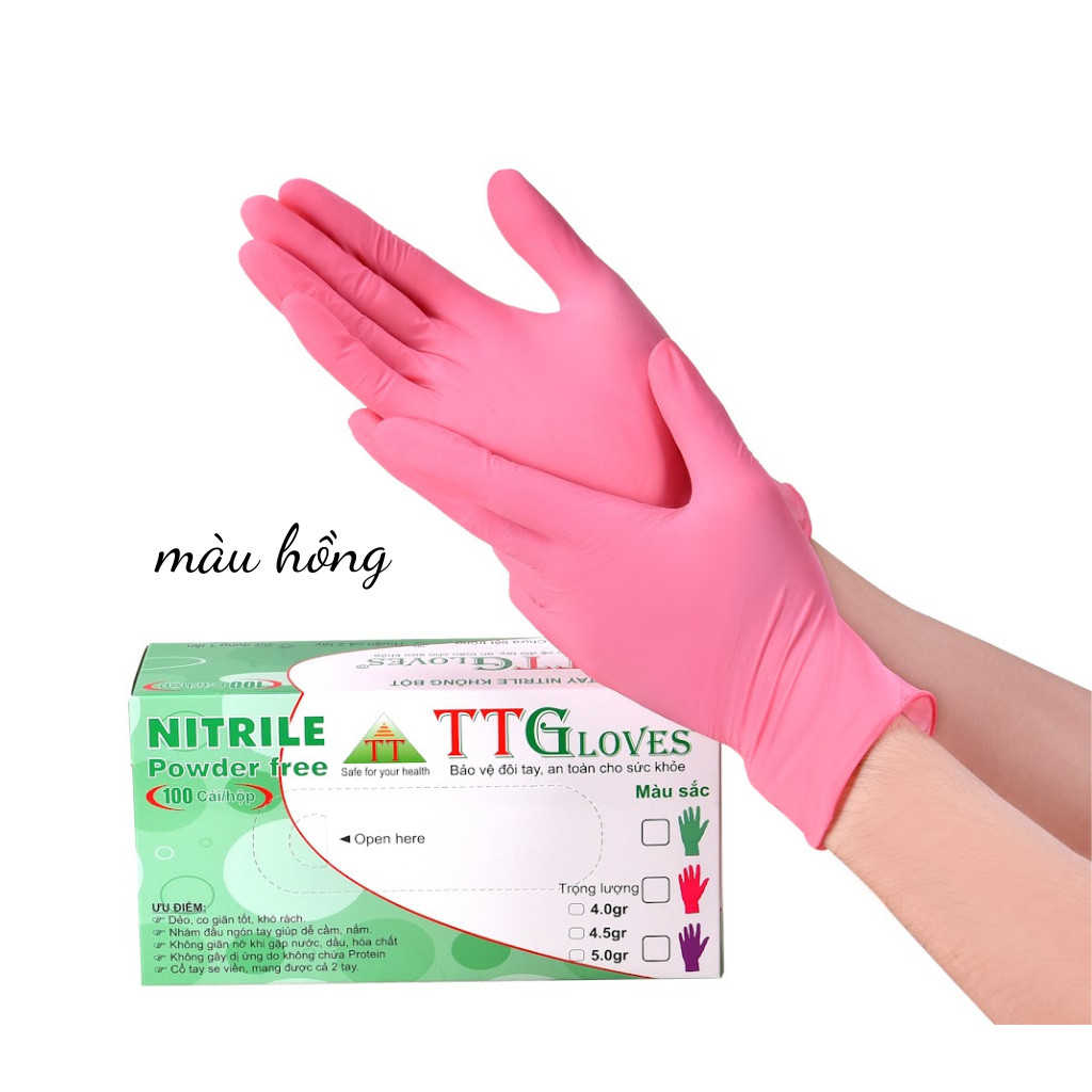 Găng Tay Y Tế, Găng Tay Cao Su Y Tế Không Bột Nitrile TTGLOVES cao cấp Màu Hồng 4.0g 100 Chiếc (SIZE M)