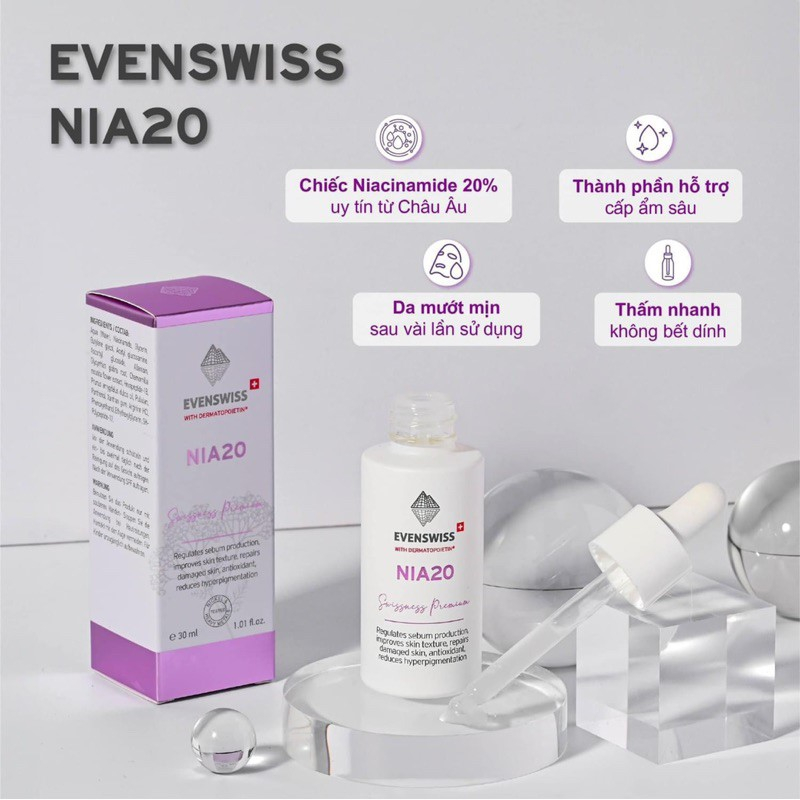 TINH CHẤT CHỐNG LÃO HÓA, ĐIỀU TIẾT BÃ NHỜN EVENSWISS NIA20 30ML