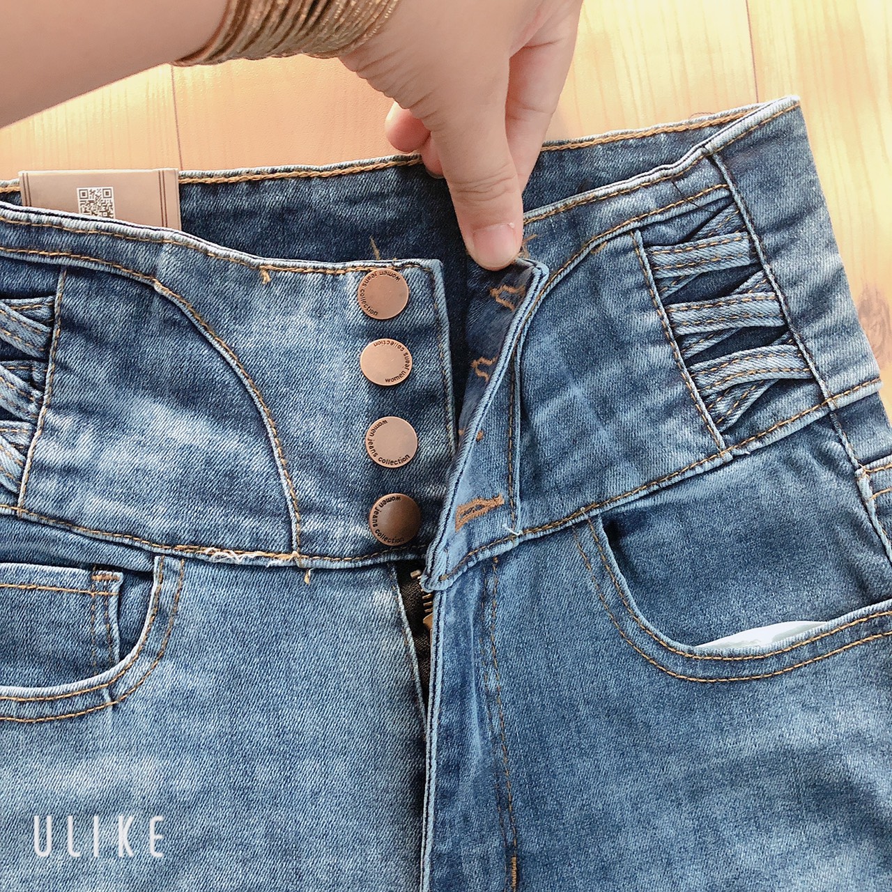 Quần Jean lưng cao bảng bự đan dây 4 nút Cao Cấp