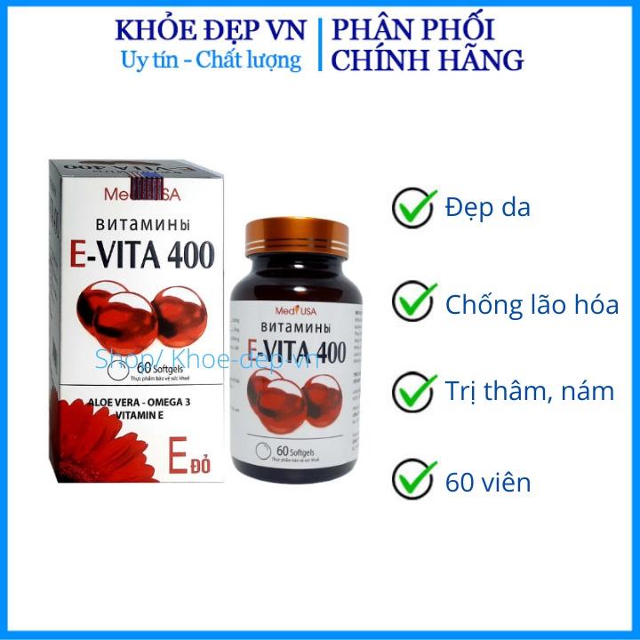 Vitamin E đỏ E-VITA 400 MED USA, giúp làm đẹp da, sáng da, chống oxy hóa, căn bằng nội tiết tố - Hộp 60 viên