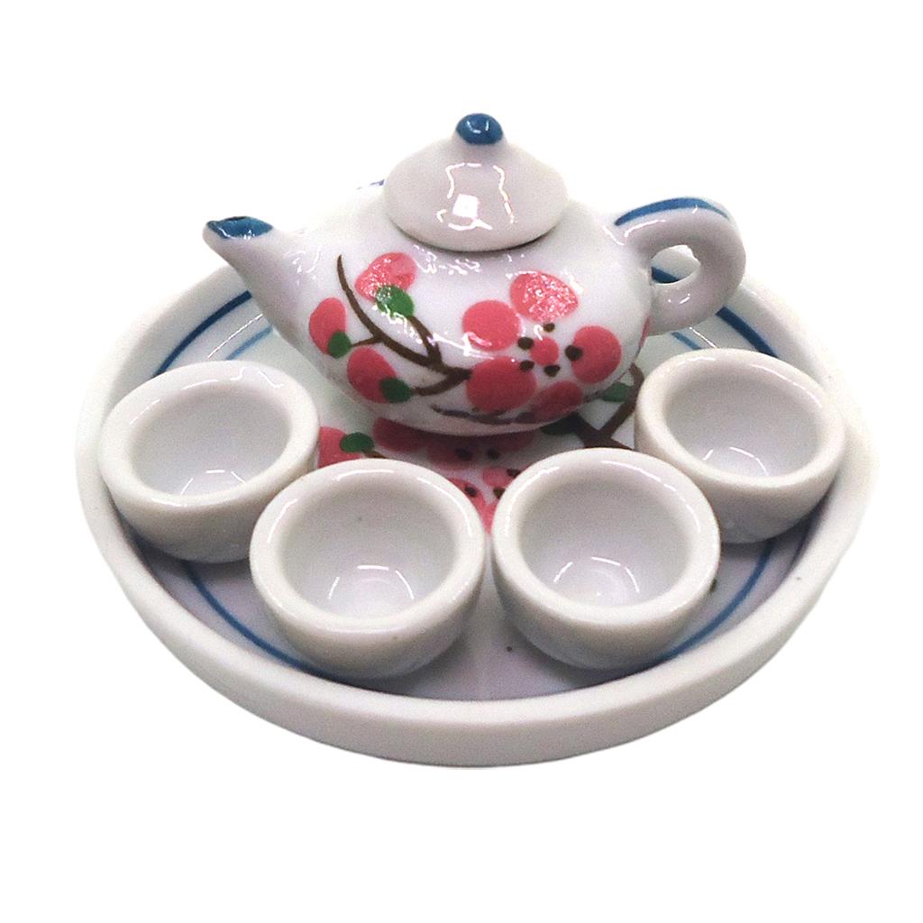 1/12 Dollhouse Porcelain Tea Set with Tea Pot Tea Cups and Tray for Dollhouse Miniature Kitchen Accessories