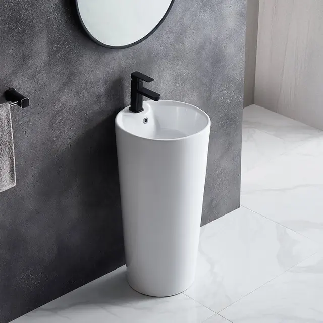 FREESHIP Lavabo trụ đứng đặt sàn màu trắng kiểu tròn thiết kế sang trọng cho gia đình ,khách sạn