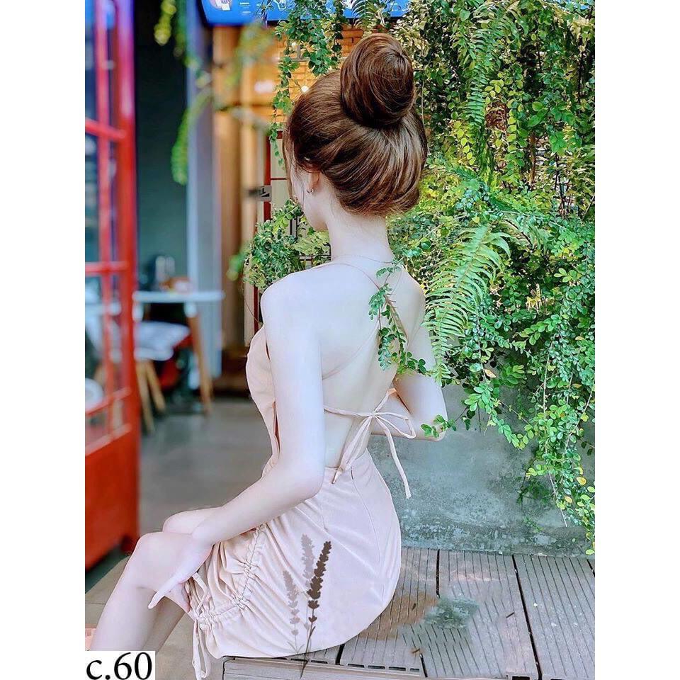 Đầm body rút dây cổ yếm đan dây lưng kèm mút