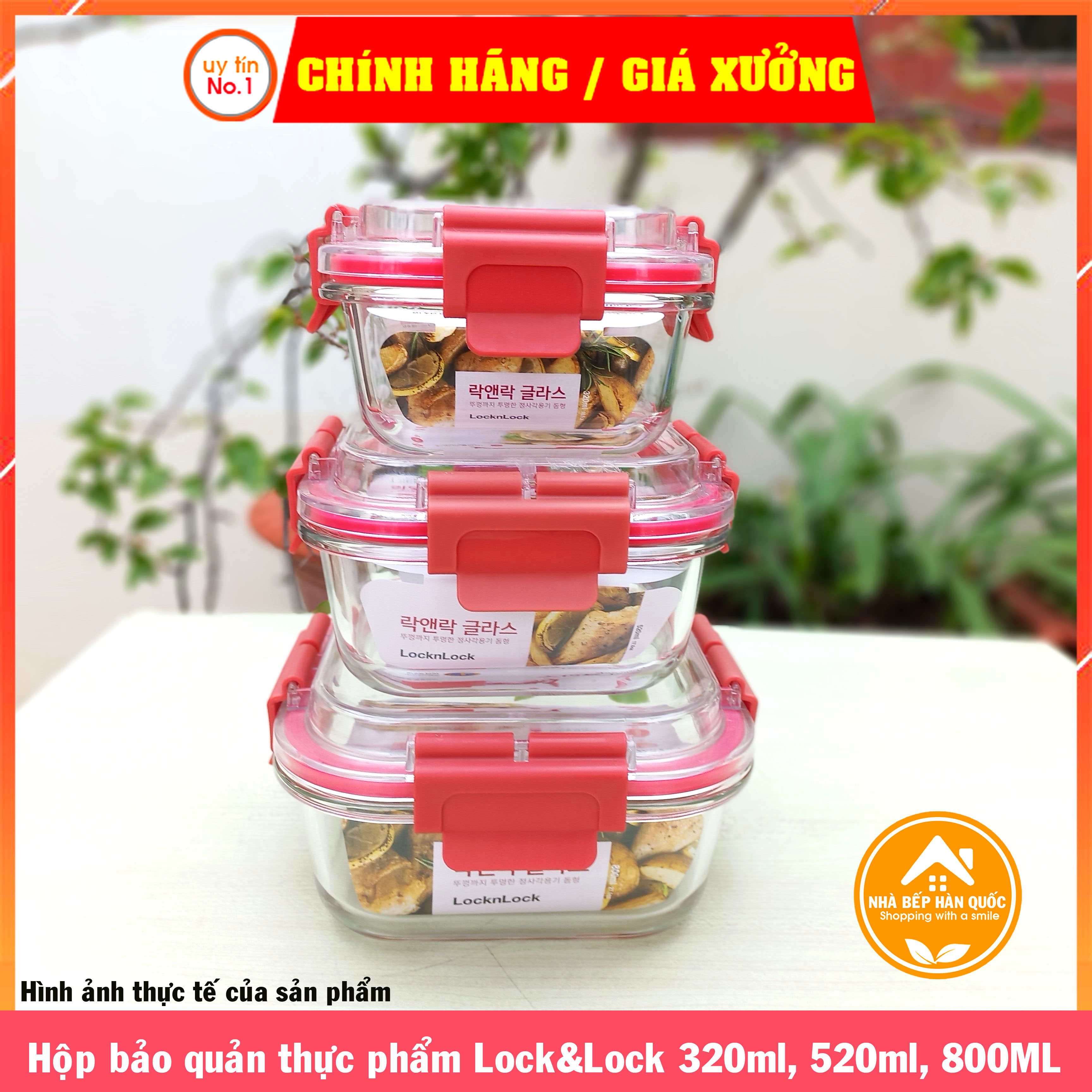 Hộp đựng thực phẩm Lock&amp;Lock chính hãng bằng thuỷ tinh LLG238 320ml LLG239 520ml LLG242 800ml nắp màu đỏ