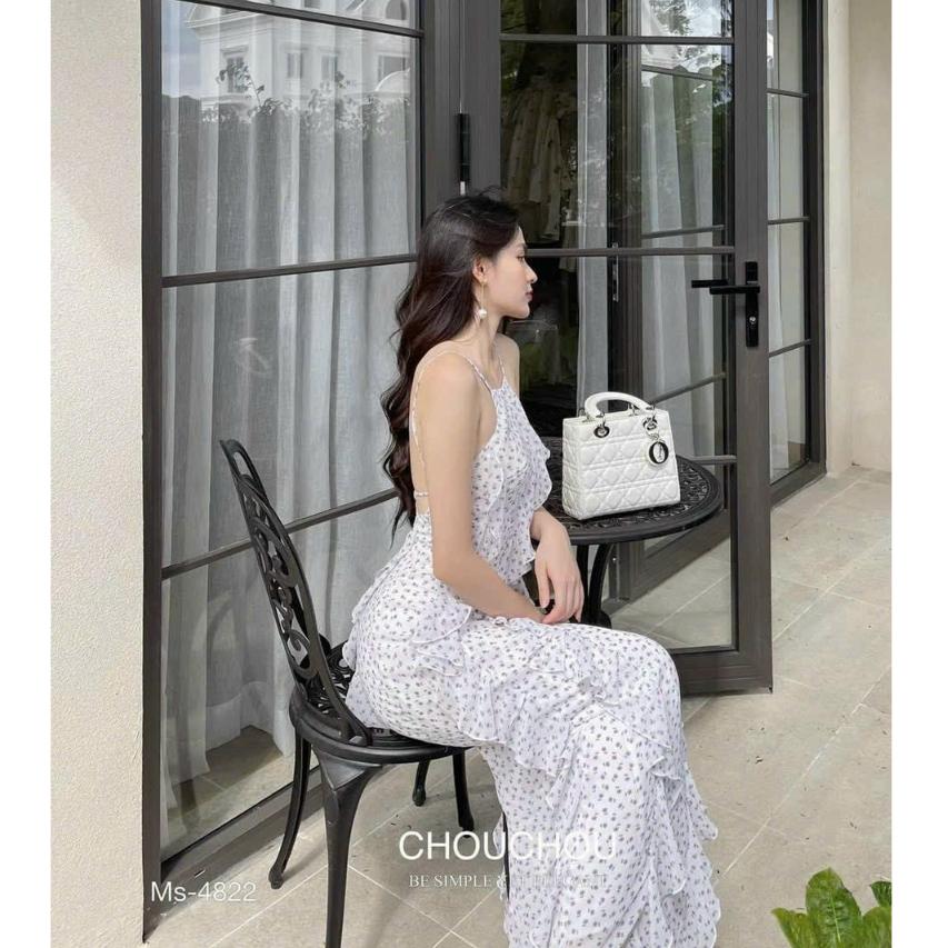 Đầm maxi voan hoa 2 lớp cao cấp phối bèo cột dây lưng