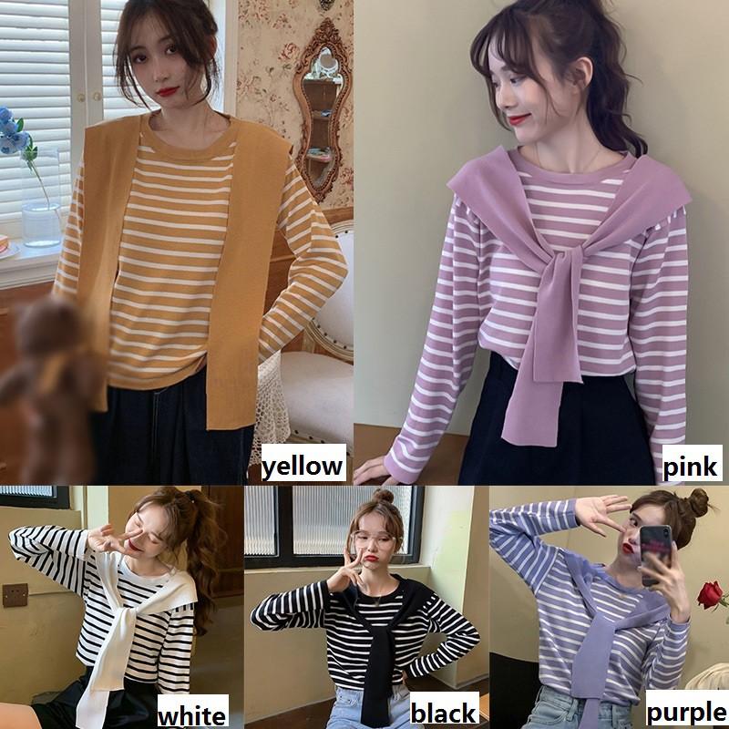 Áo thun dài tay dáng rộng in kẻ sọc phối khăn choàng thời trang Hàn Quốc cho nữ