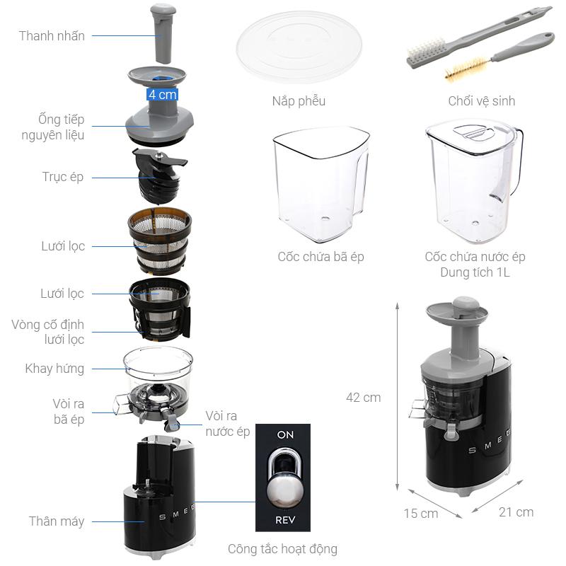 Máy Ép Chậm Smeg, Máy Ép Trái Cây Chậm, Công Suất 150W, 2 Lưới Lọc, Nhập Đức, Slow Juicer Smeg, Nhập Đức,s BH 12 Tháng