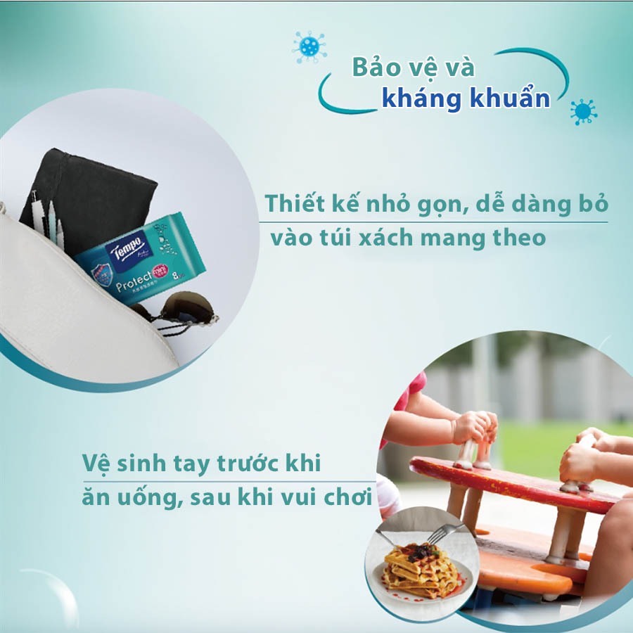 [MUA 3 LỐC TẶNG 2 GÓI KHĂN ƯỚT PROTECT] Khăn Uớt Mini Tempo Protect Ngăn Ngừa Vi Khuẩn cao cấp - Diệt khuẩn 99% - Thương hiệu Đức