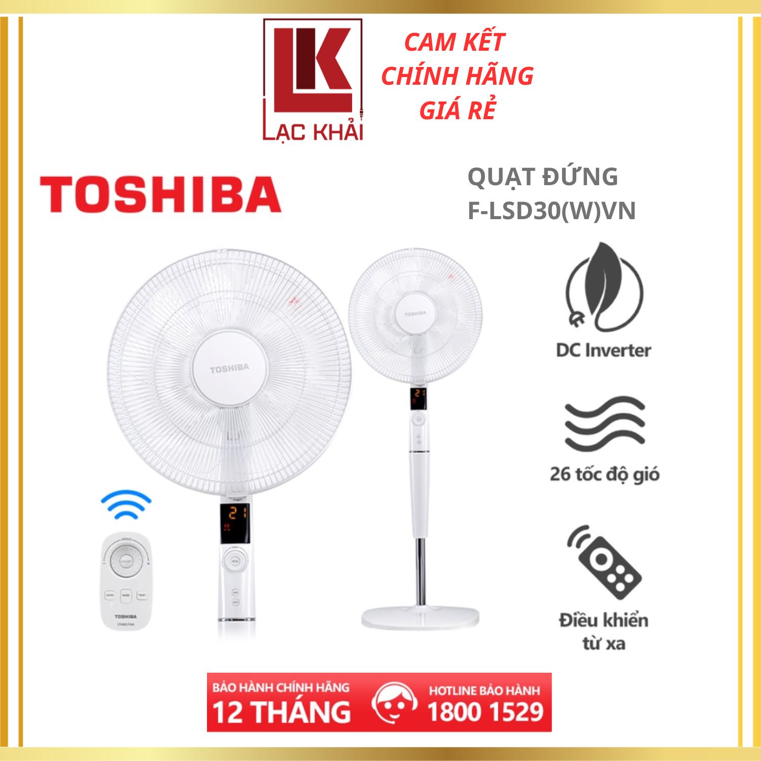 Quạt đứng Toshiba F-LSD30VN - Điều khiển từ xa núm xoay vô cực - 9 cánh - DC inverter tiết kiệm điện 70% - Cảm biến nhiệt độ - Màn hình LED hiển thị - Hàng chính hãng, bảo hành 12 tháng, chất lượng Nhật Bản