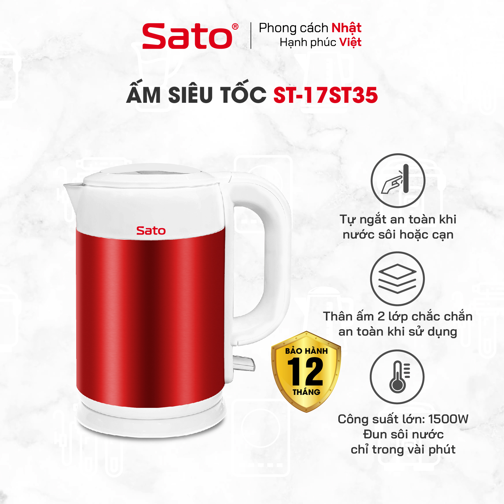 Ấm Siêu Tốc SATO 17ST35 1.8L - Dung tích 1.8L, đế xoay 360 độ tiện dụng - Miễn phí vận chuyển toàn quốc - Hàng chính hãng