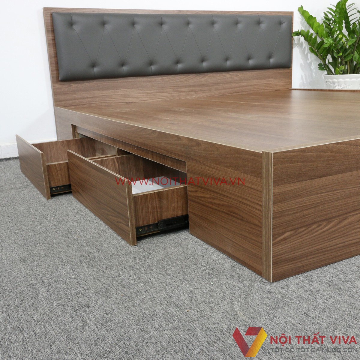 Giường Ngủ Gỗ MDF Phủ Melamine Bọc Nệm Xanh Đậm Có Ngăn Kéo Màu Óc Chó