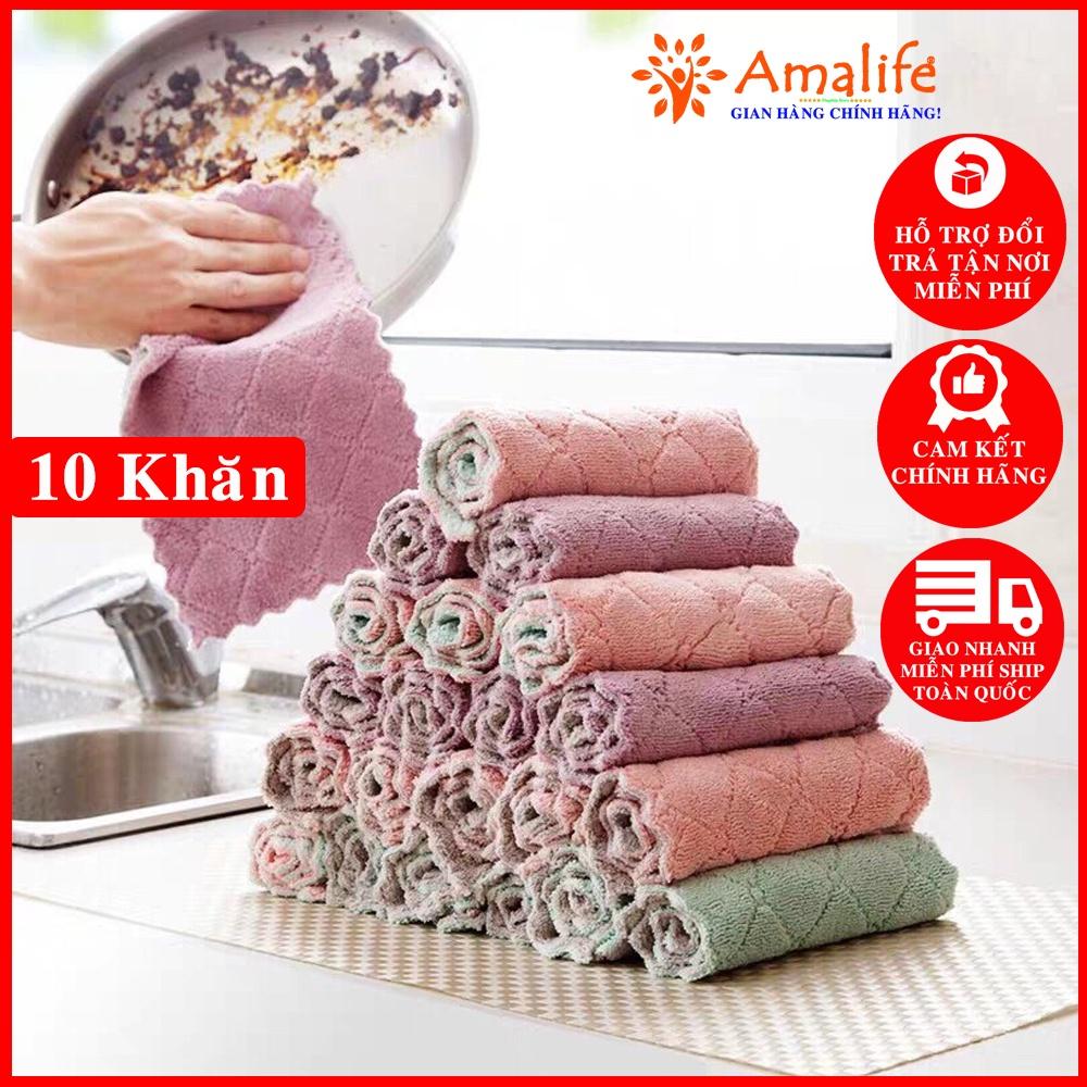 Combo 10 Khăn Lau Bát Đĩa Nhà Bếp Đa Năng 24*15cm, Lau Cốc Chén Bàn Ghế Thấm Nước Chống Dính Dầu Mỡ Chính Hãng Amalife