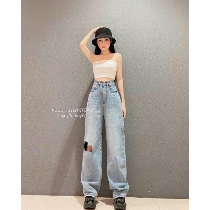 Quần baggy jeans rách gối ongs rộng lưng cao