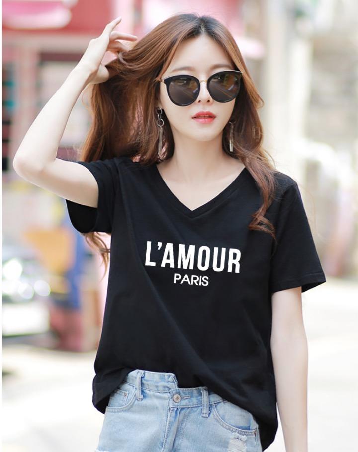 Áo thun nữ MXM form rộng cổ tim in chữ L'Amour cực xinh thun cotton 4 chiều từ 45-60kg