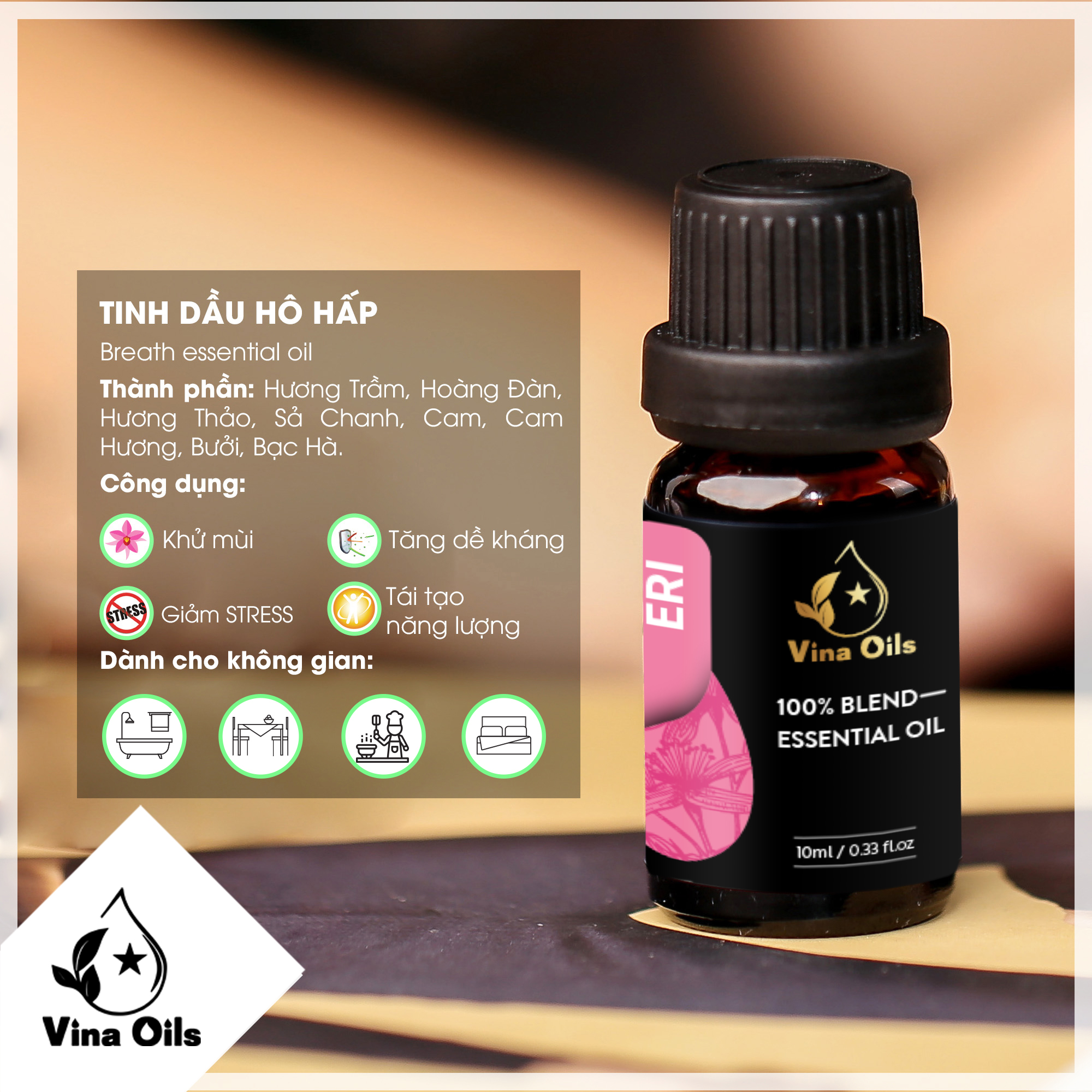 Tinh Dầu ERI Vina Oils 10ml - Chiết Xuất Từ Trà Trắng, Sen, Gừng, Hoa Hồng, Cam - Hương Thơm Dịu Nhẹ Giúp Tinh Thần Thư Giãn Thoải Mái, Tạo Không Gian Mát Mẻ Dễ Chịu Giúp Ngủ Ngon