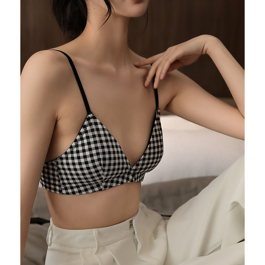 Hình ảnh Bralette Cotton Đệm Mỏng Họa Tiết Kẻ Caro Thoáng Mát Phong Cách Nhật Bản B497